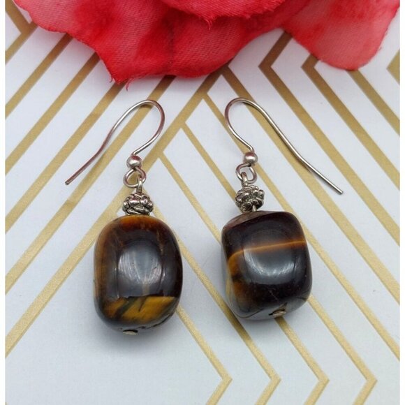 Lot of 2 Drop Dangle Natural Stone Pink & Tiger Eye Pierced Hook Earrings 1.25" - Picture 7 of 9